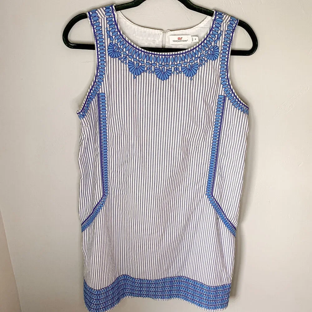 VINEYARD VINES Embroidered Striped Cisco Shift Dress In Ocean Reef Size 6‎